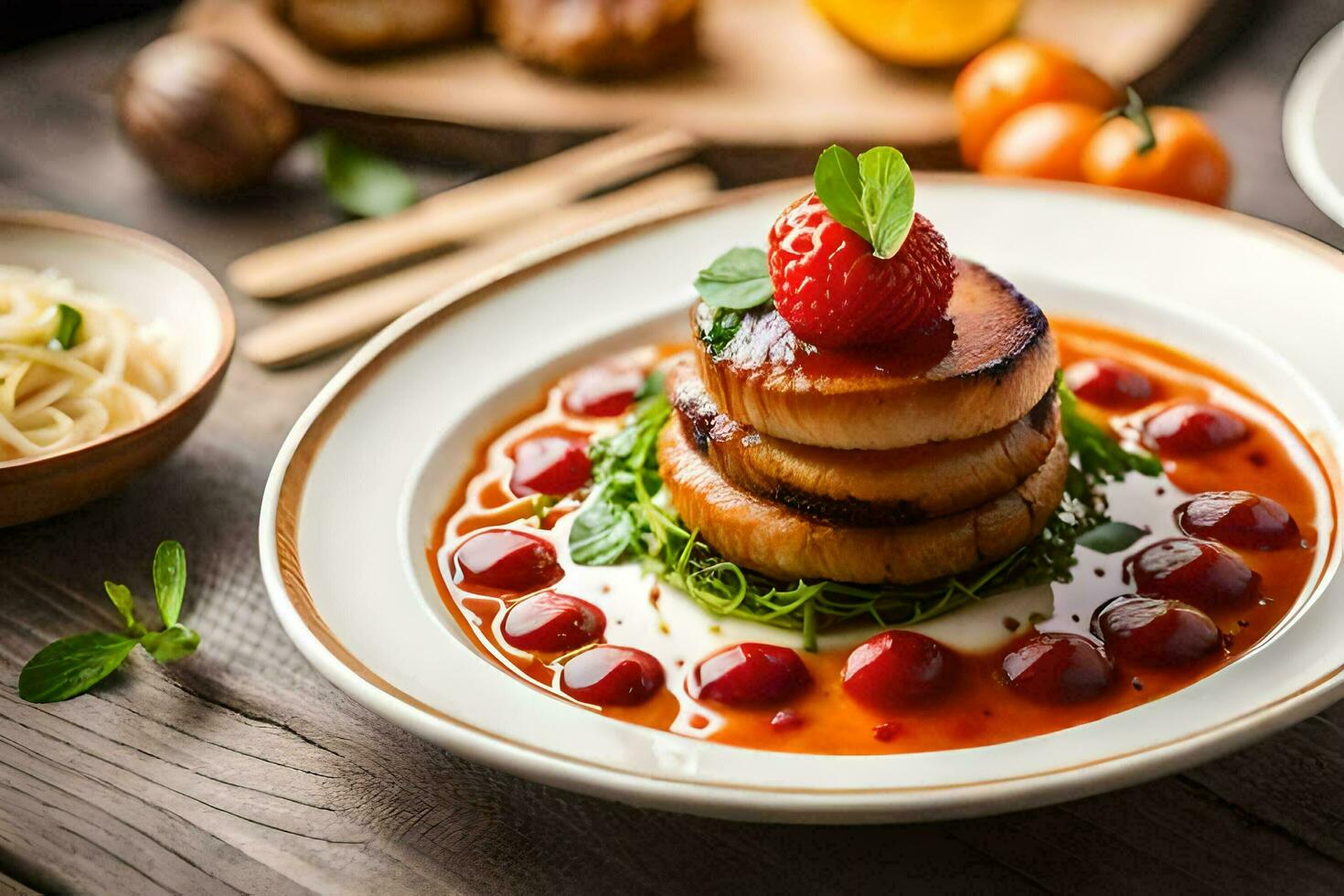 a plate of food with scallops, tomatoes and basil. AI-Generated photo