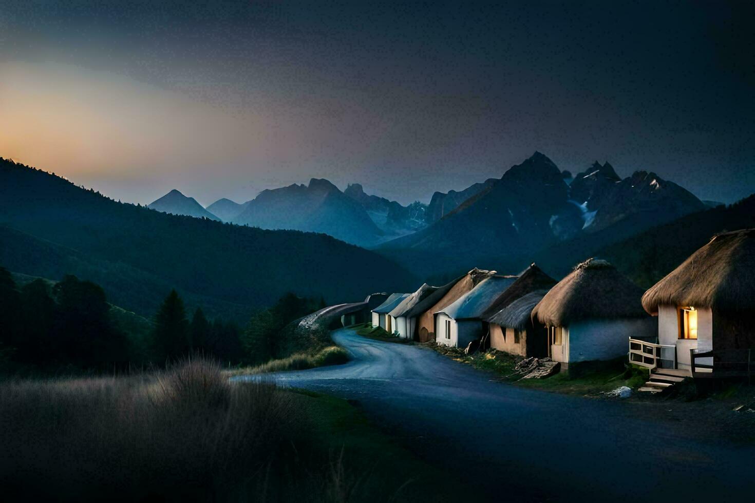 photo wallpaper the sky, mountains, road, houses, the road, the road, the road. AI-Generated