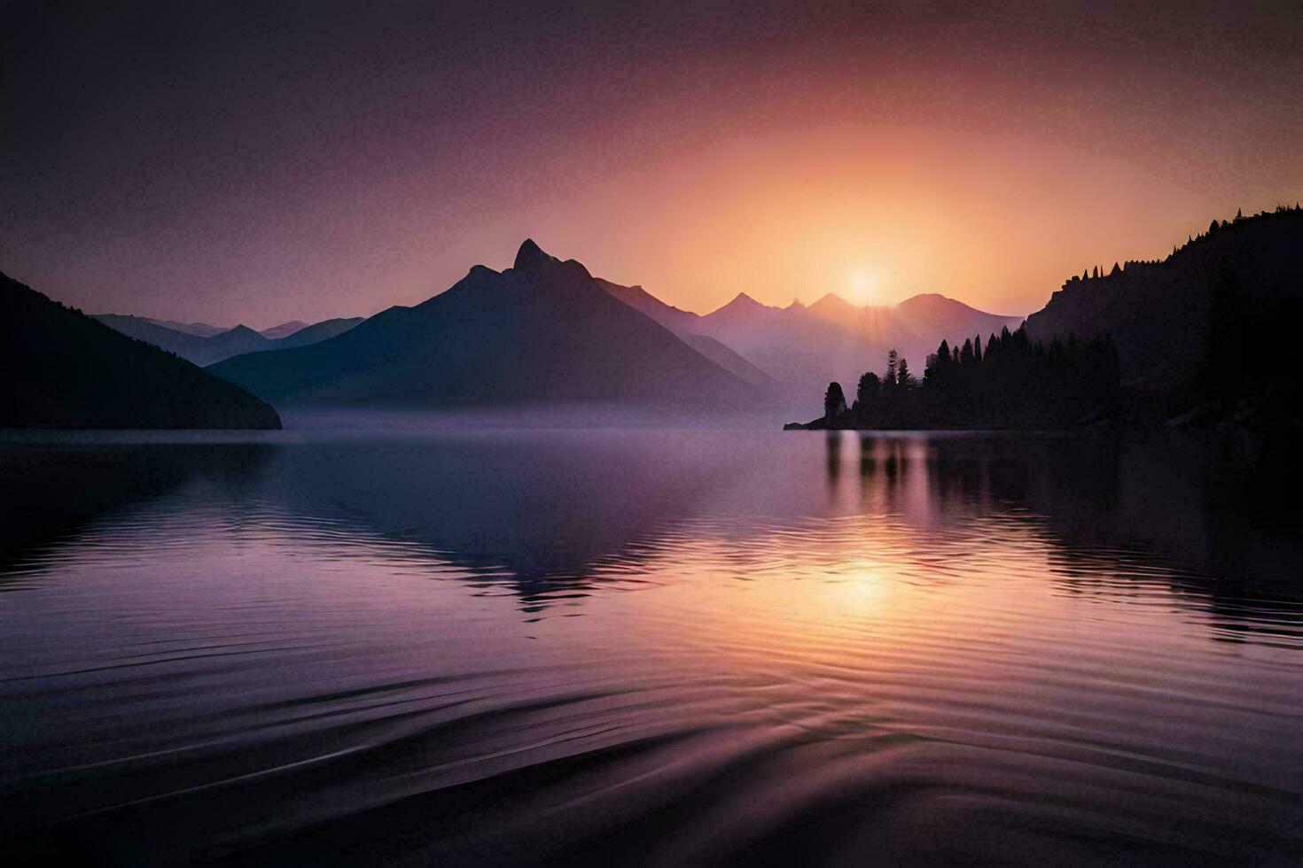 the sun rises over a mountain range in the distance. AI-Generated photo