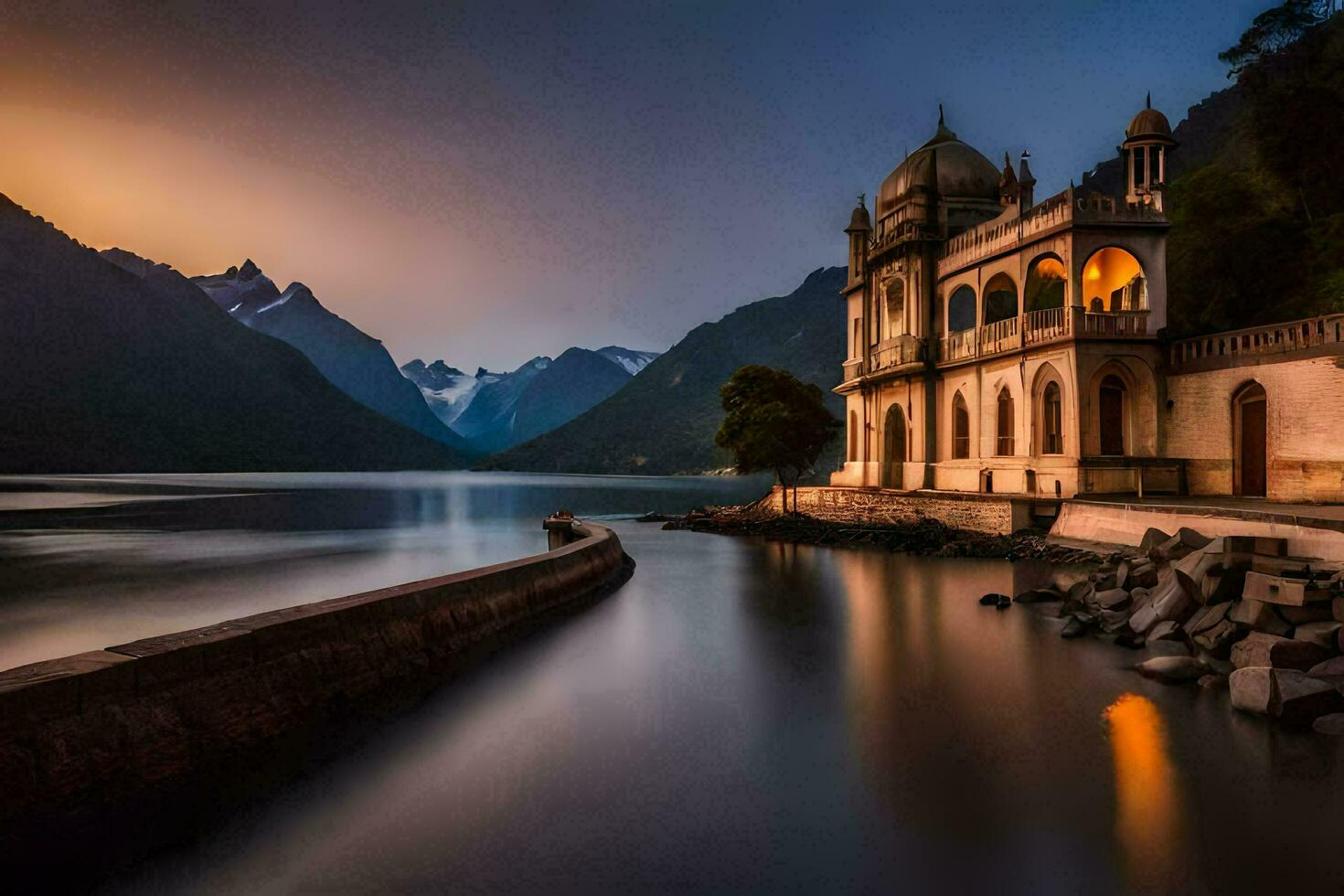 a beautiful building sits on the shore of a lake. AI-Generated photo