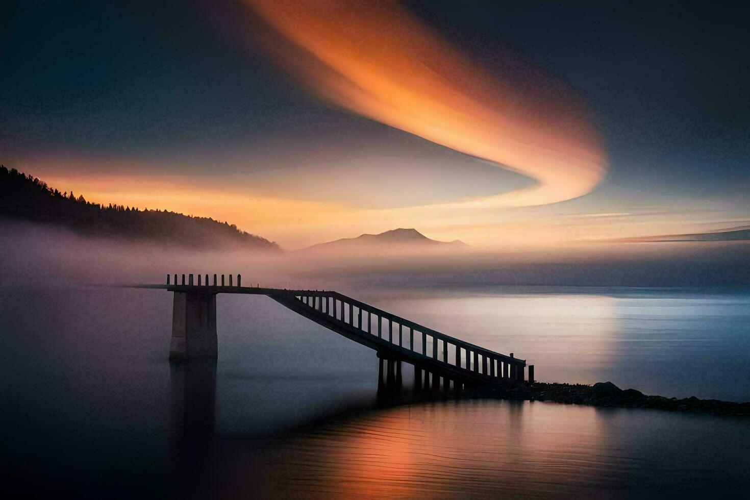 a bridge over water with a foggy sky. AI-Generated photo