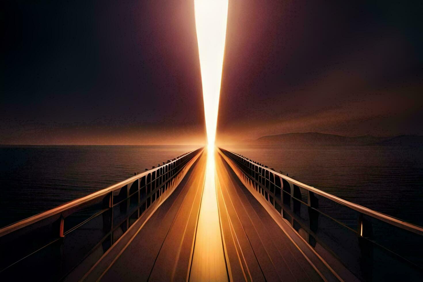 a long bridge with a light beam coming out of it. AI-Generated photo