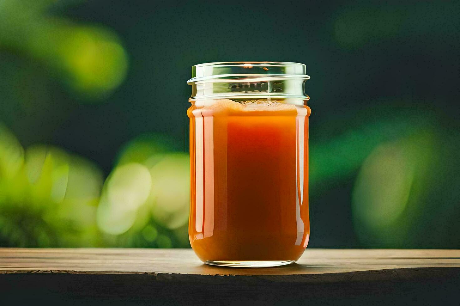 a glass jar of orange juice on a wooden table. AI-Generated photo