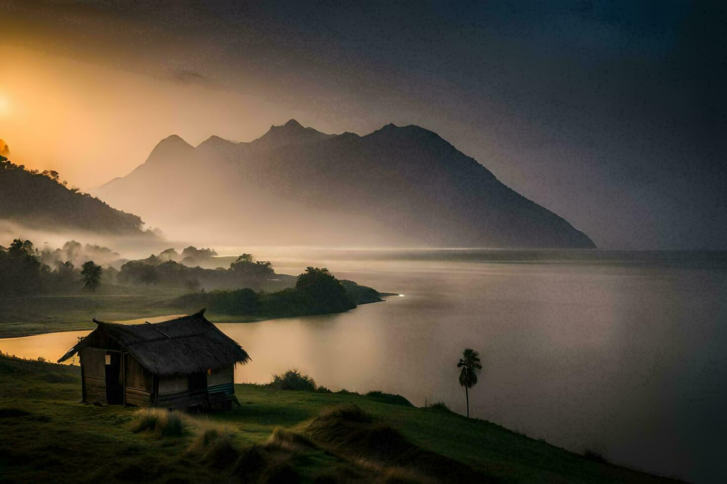 a hut sits on the edge of a lake with mountains in the background. AI-Generated photo