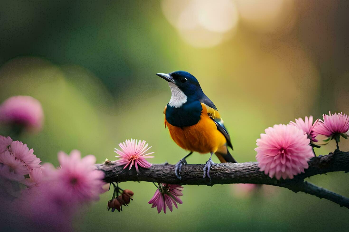 a bird sits on a branch with pink flowers. AI-Generated photo