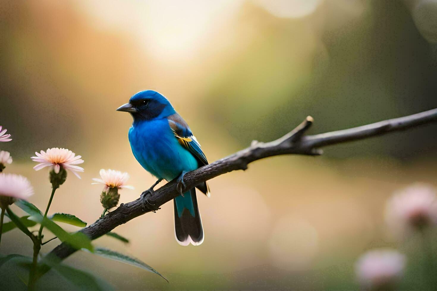 a blue bird sits on a branch with pink flowers. AI-Generated photo
