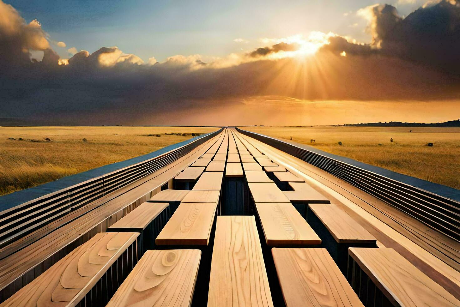 a long wooden walkway in the middle of a field. AI-Generated photo