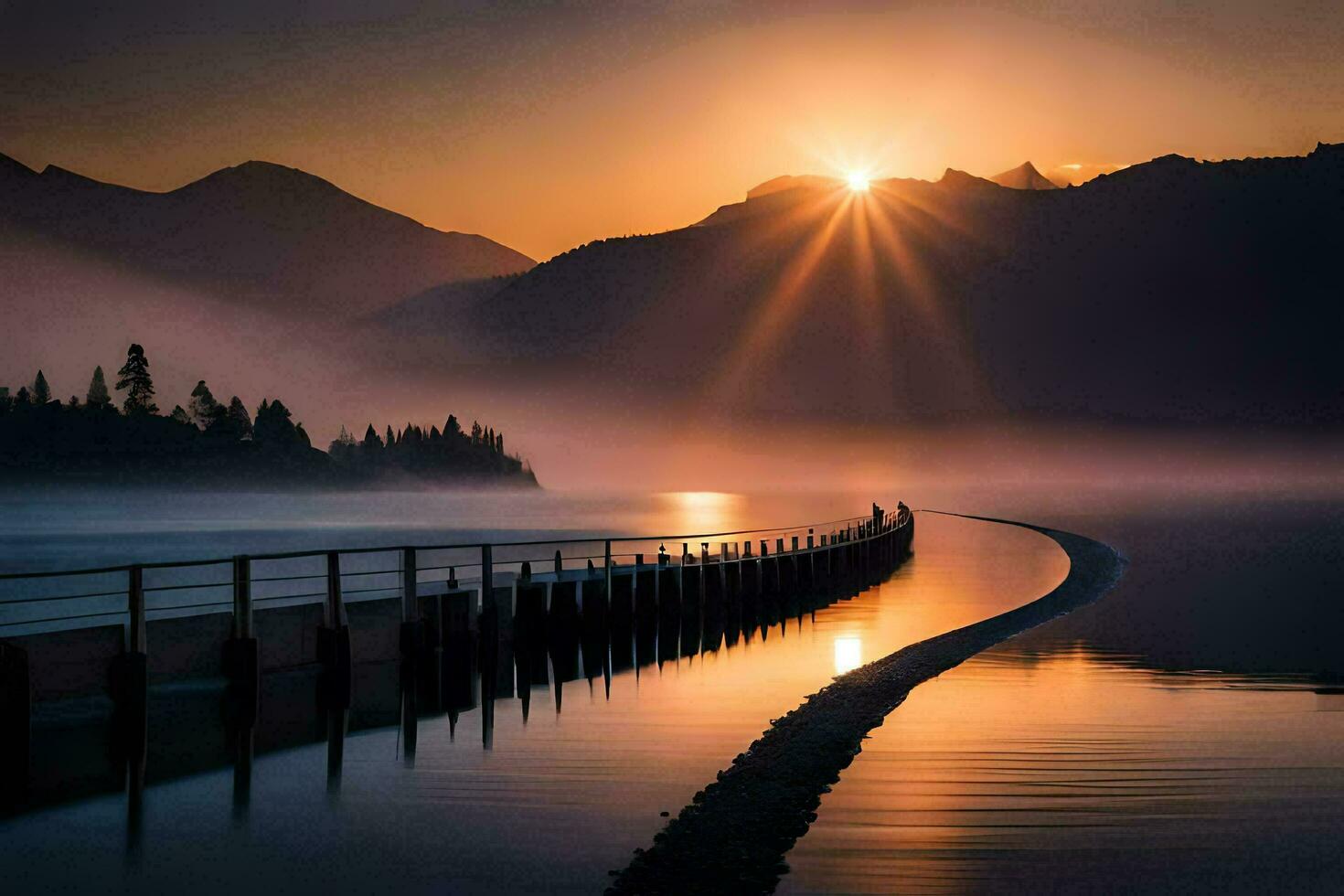 the sun rises over a lake and pier in the mountains. AI-Generated photo