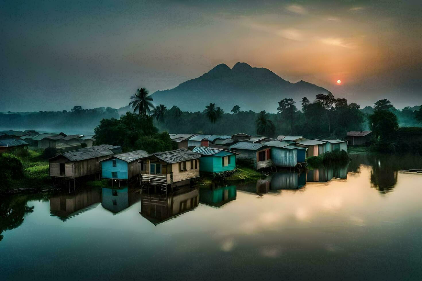 un río con casas y montañas en el antecedentes. generado por ai foto