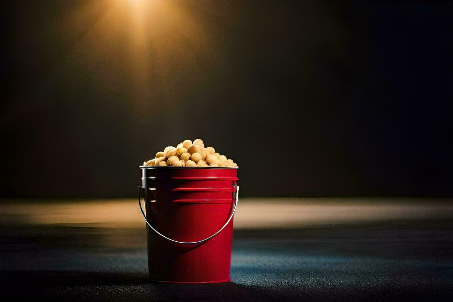 a bucket of peanuts on a dark floor. AI-Generated photo