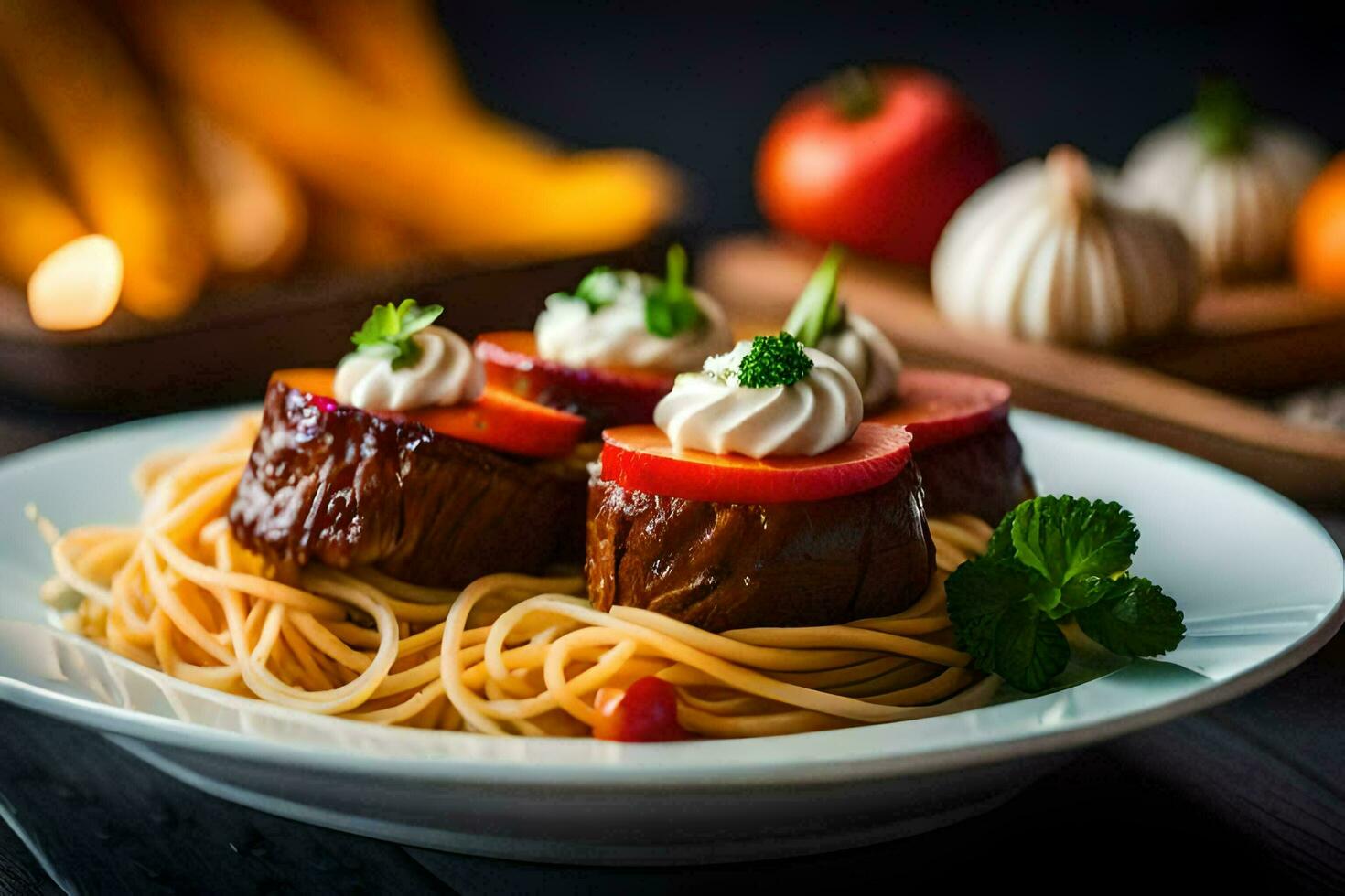 spaghetti with meat and tomatoes on a plate. AI-Generated photo