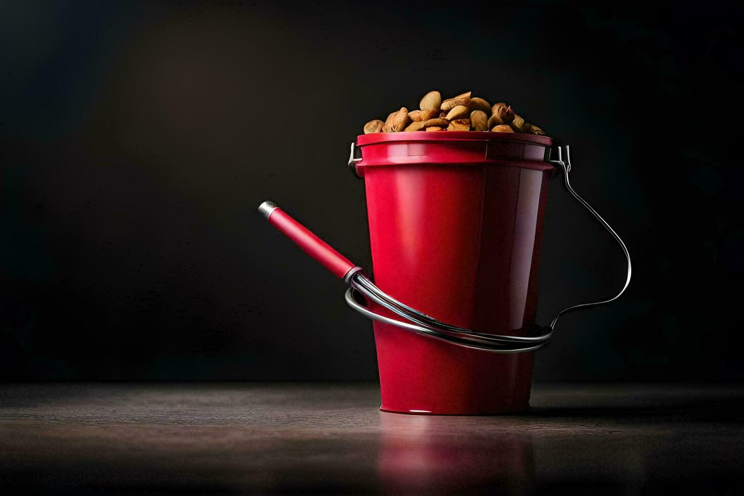 a red bucket filled with nuts on a dark background. AI-Generated photo