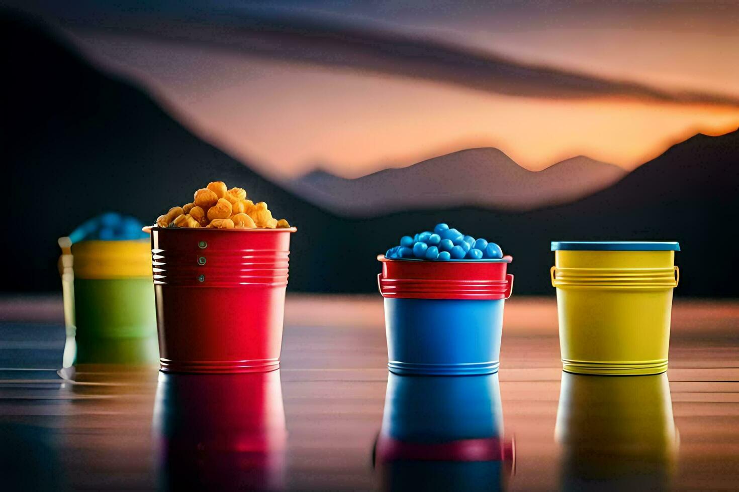four colorful buckets with blue and yellow food in them. AI-Generated photo