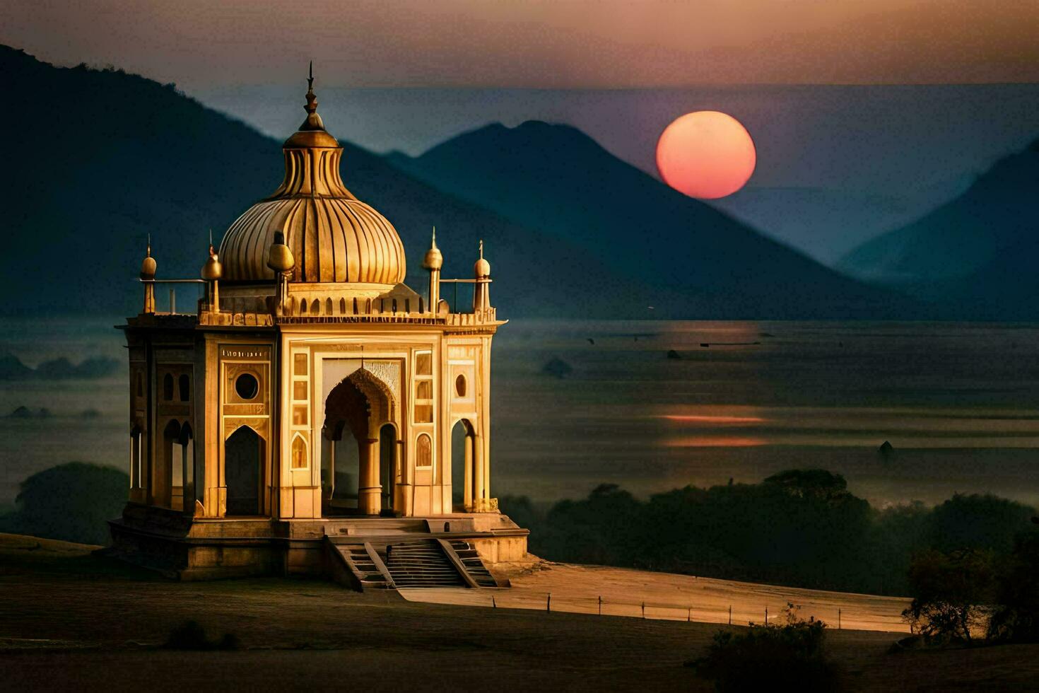 the sun sets over a temple in the middle of a field. AI-Generated photo