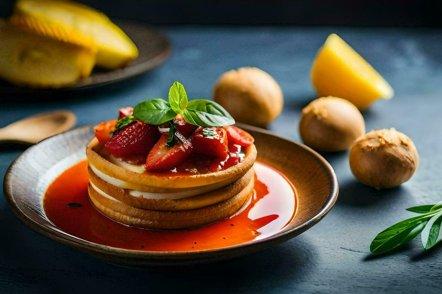 a plate with a stack of pancakes topped with strawberries and syrup. AI-Generated photo
