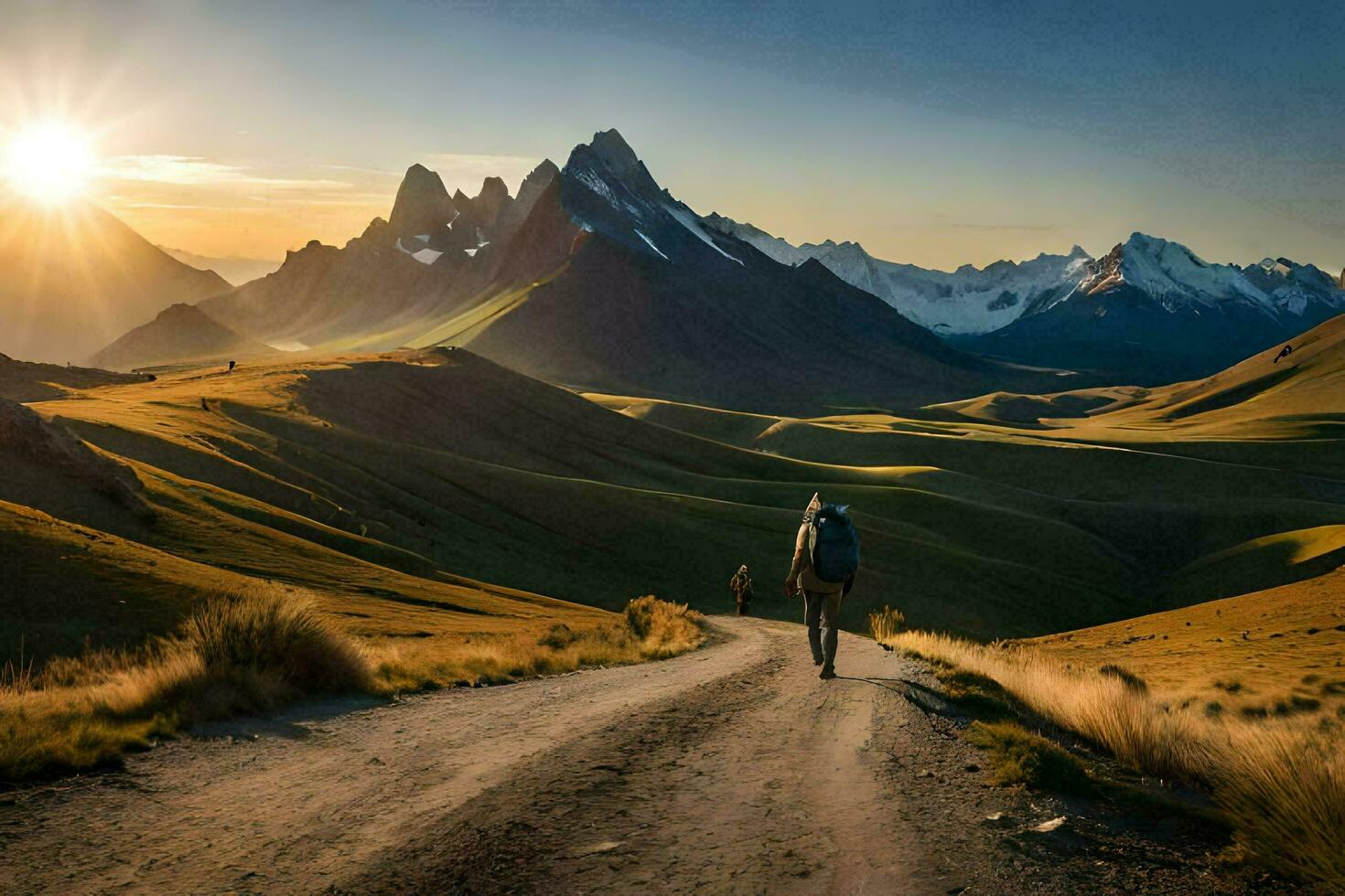 a man walks on a dirt road in the mountains. AI-Generated photo