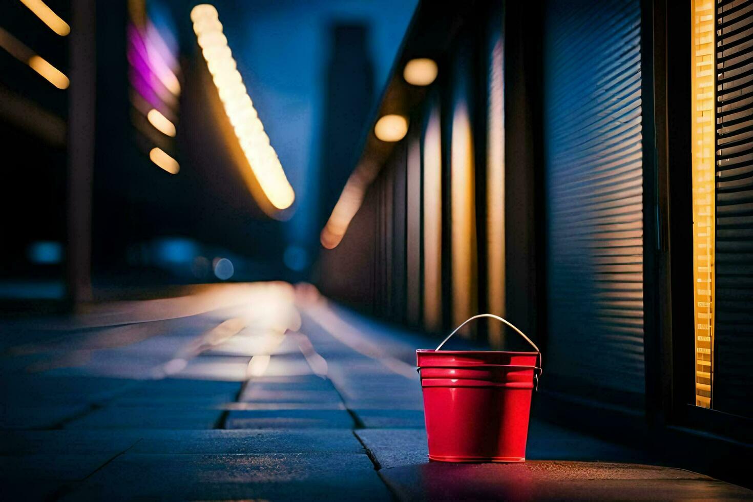 a red bucket sits on the sidewalk in front of a building. AI-Generated photo