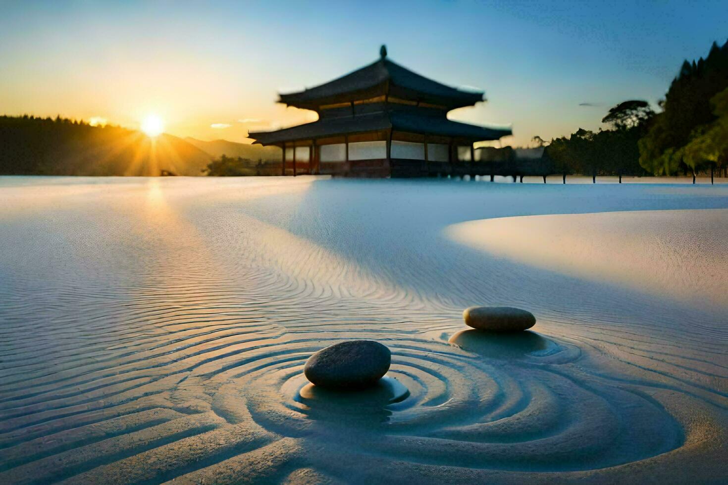 el japonés templo en el arena. generado por ai foto