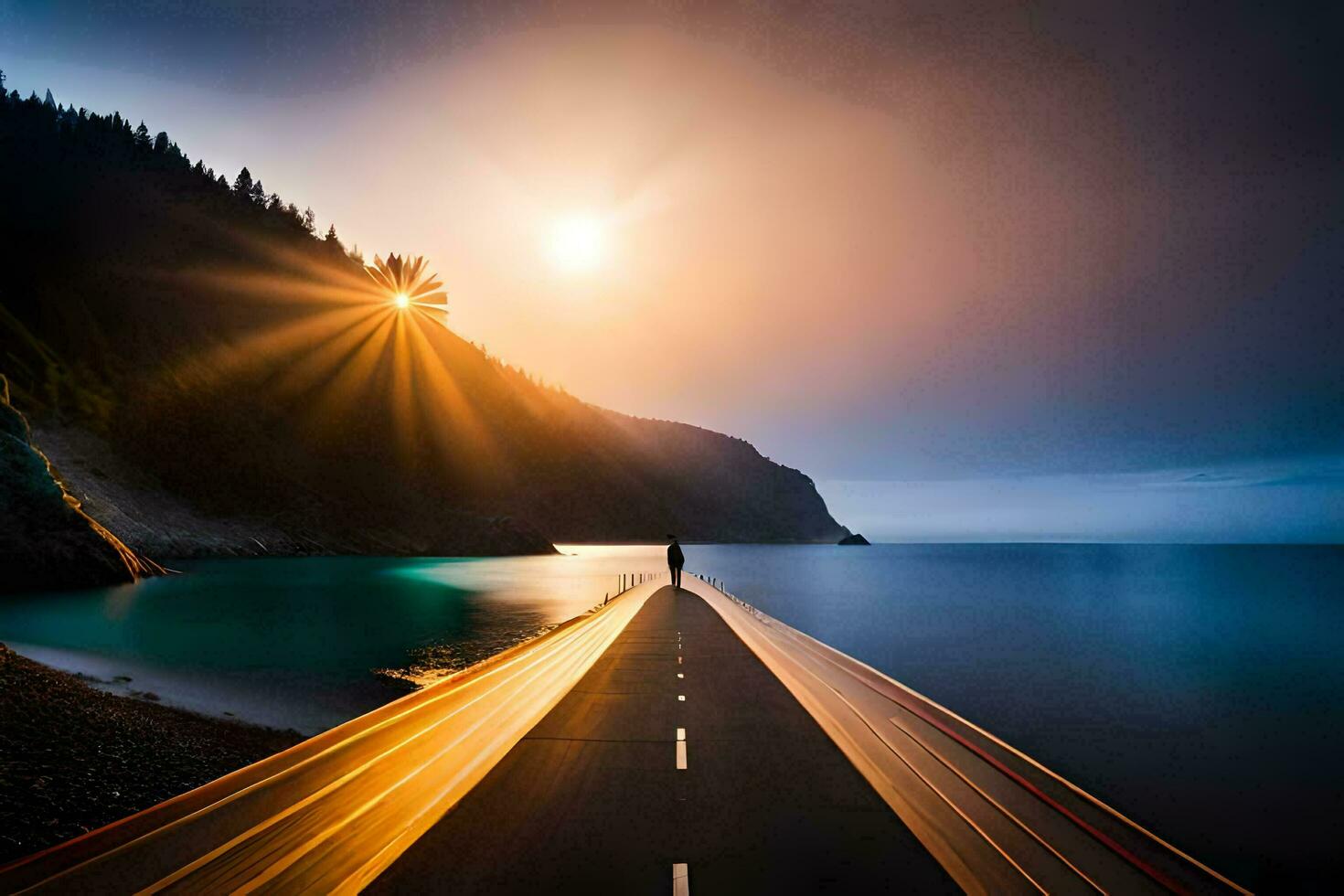 a long road leading to the ocean at sunset. AI-Generated photo