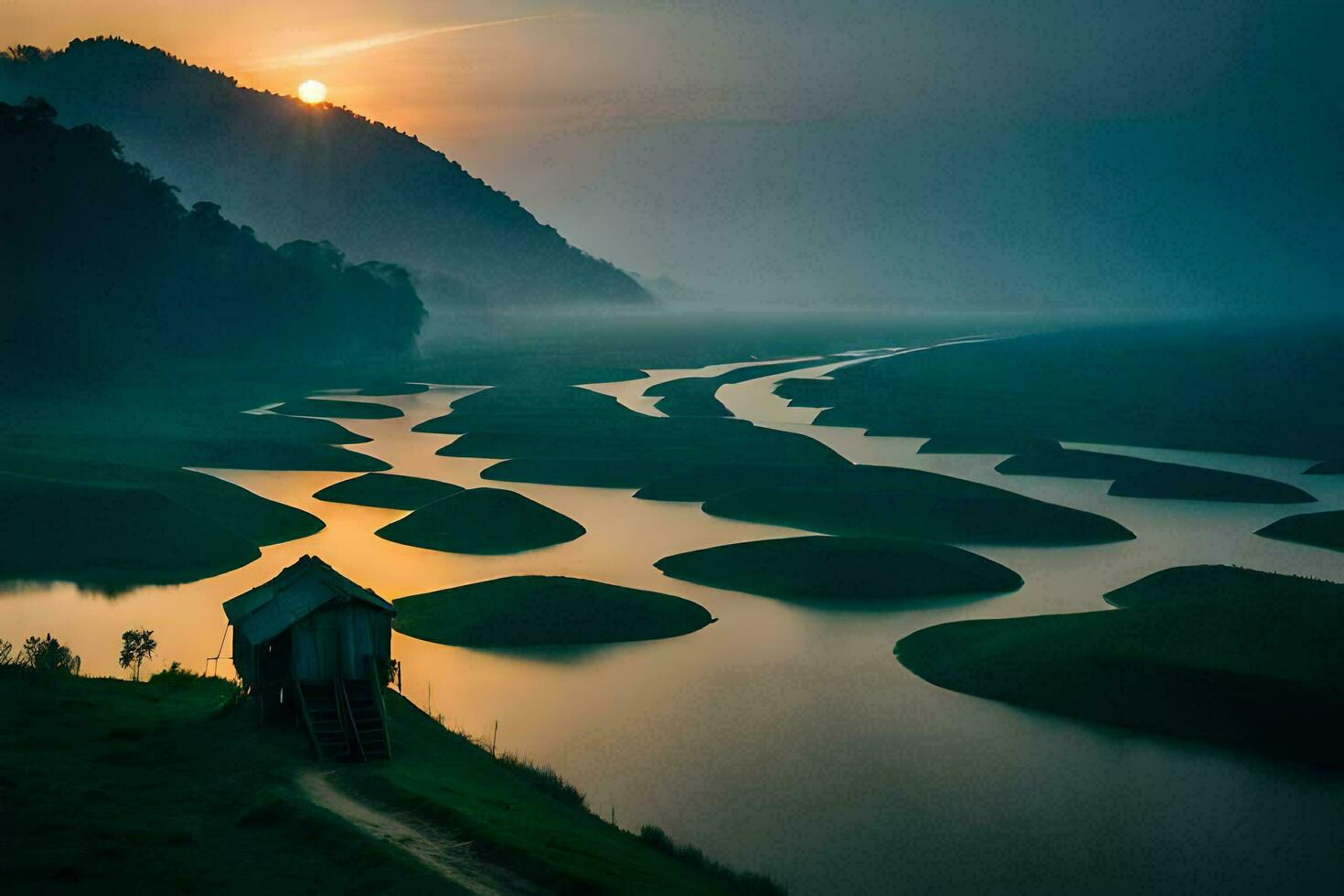 the sun rises over a river and a small house. AI-Generated photo