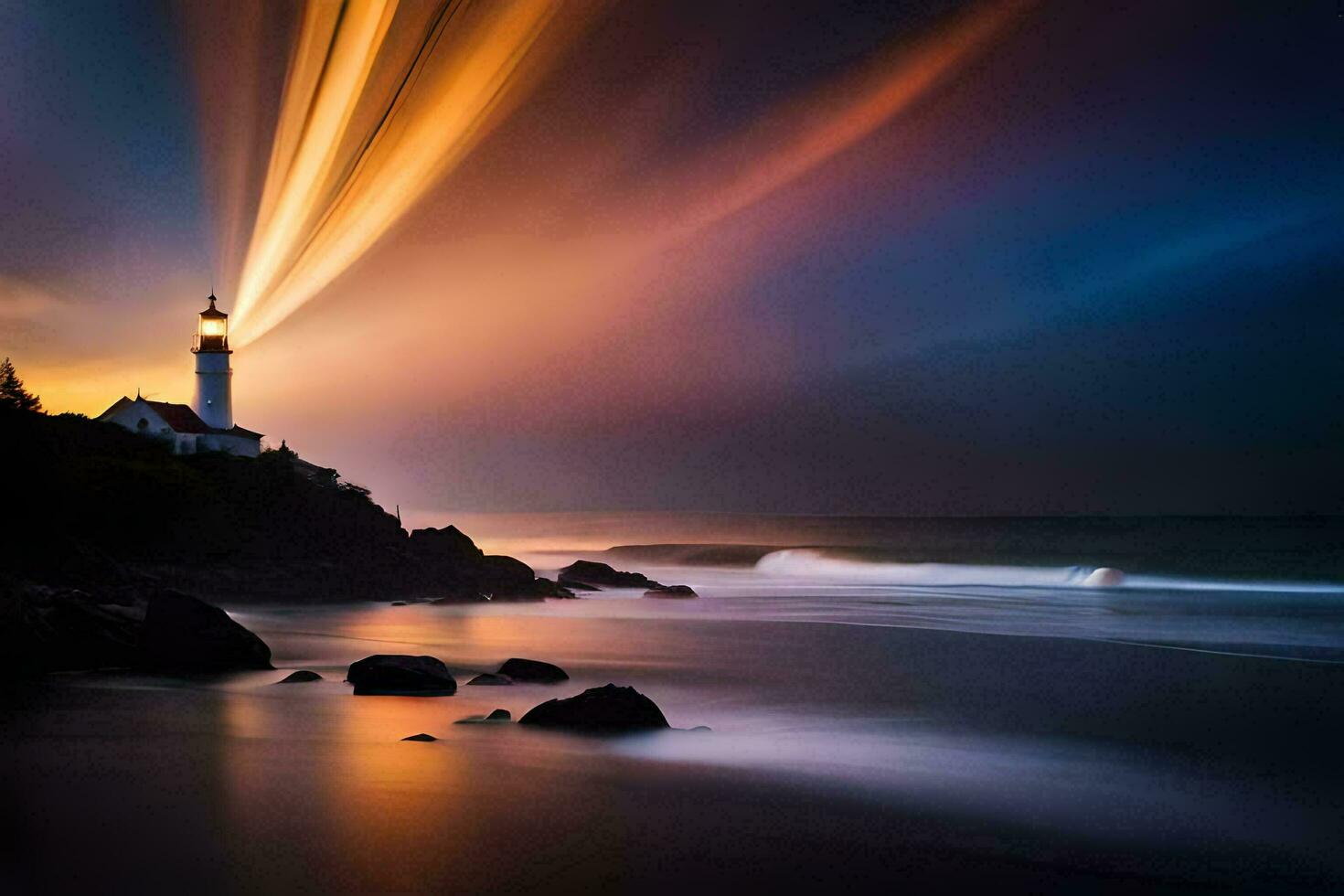 a lighthouse is lit up by light beams. AI-Generated photo
