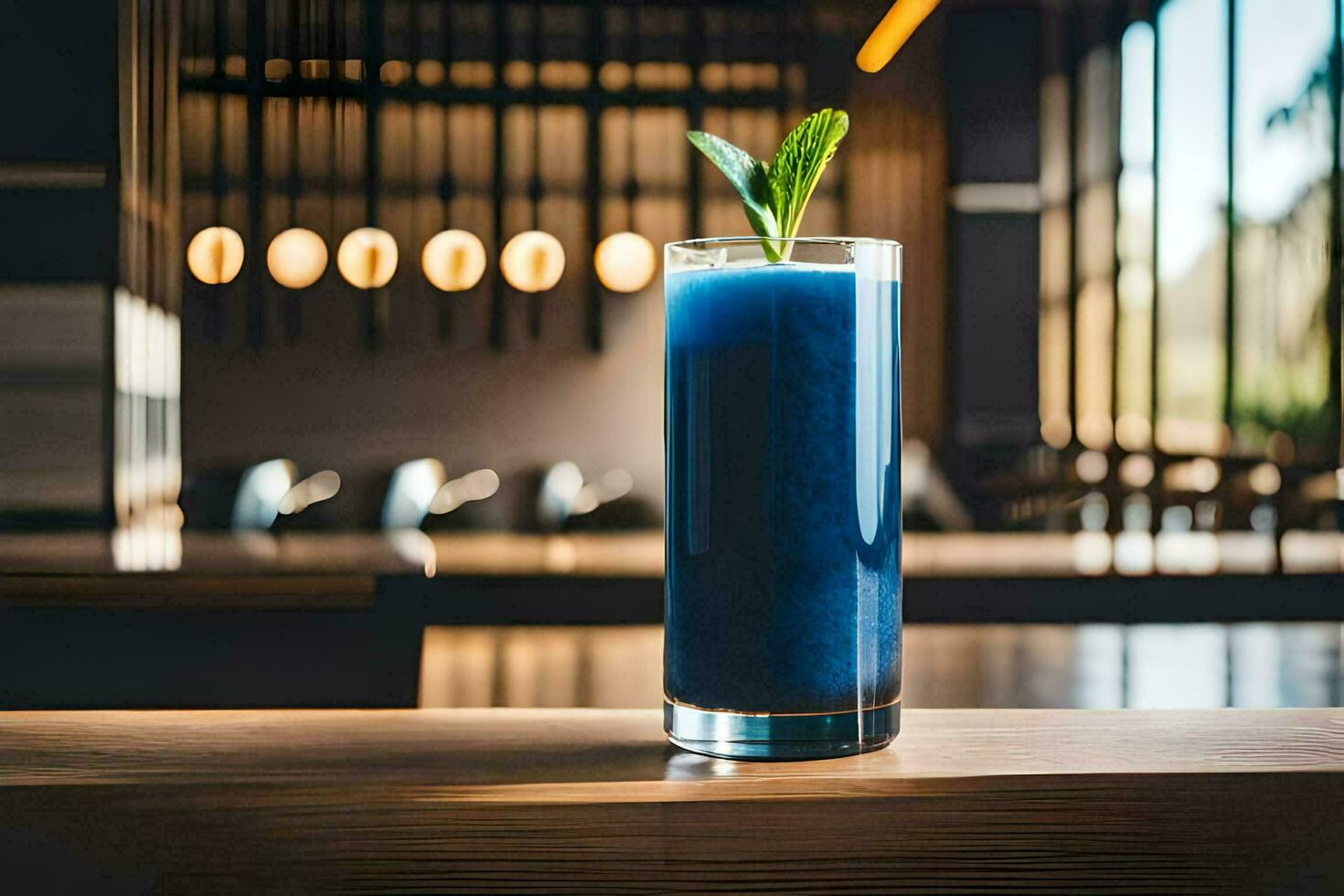 a blue drink sitting on a table in a restaurant. AI-Generated photo