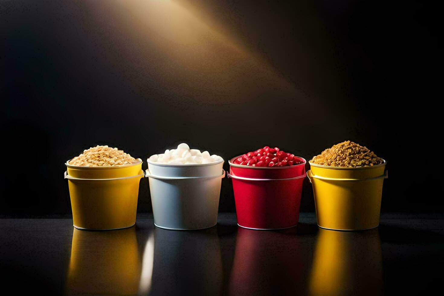 four buckets of different types of food on a black background. AI-Generated photo