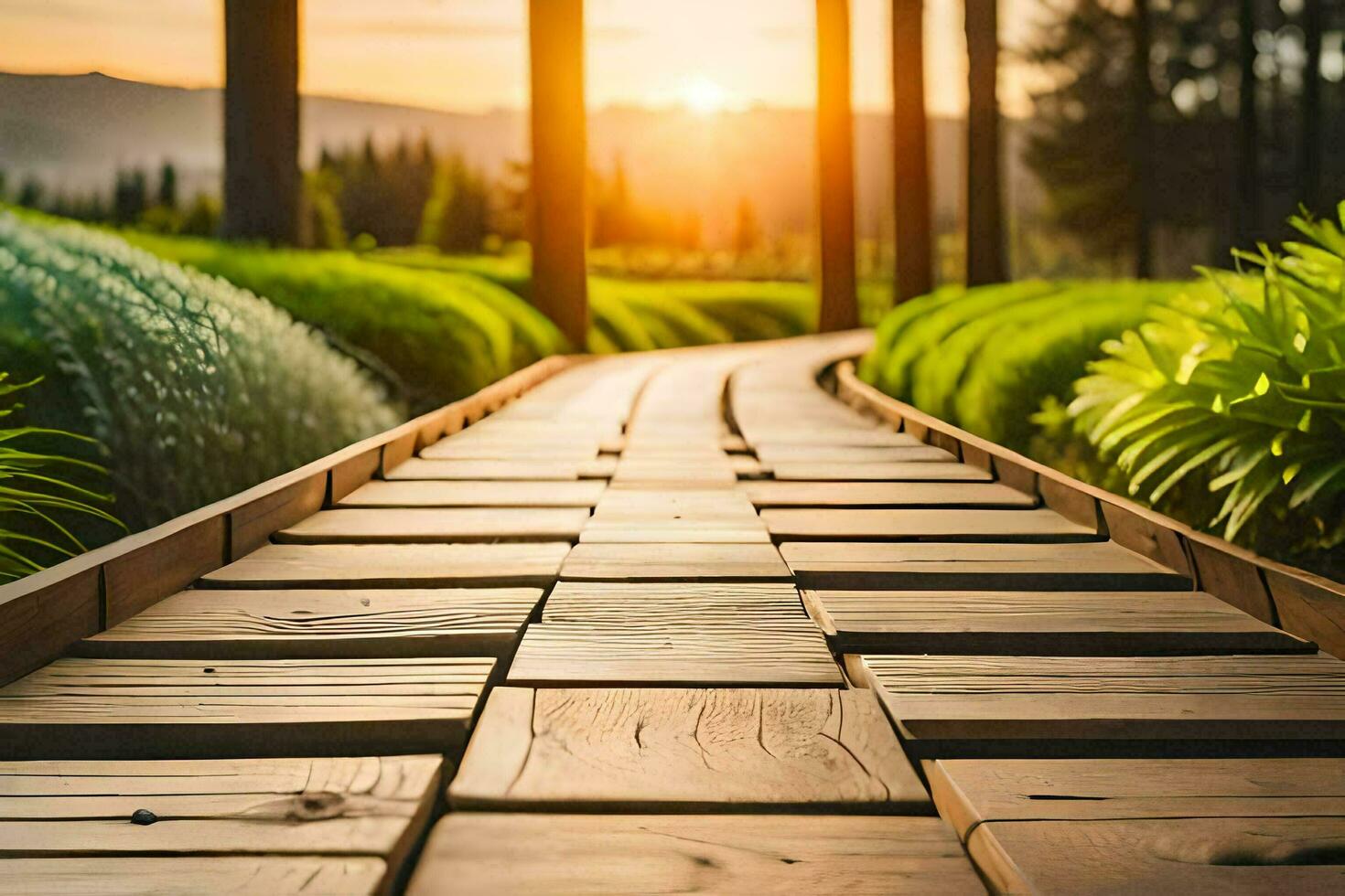 a wooden walkway leads to a garden with the sun setting. AI-Generated photo