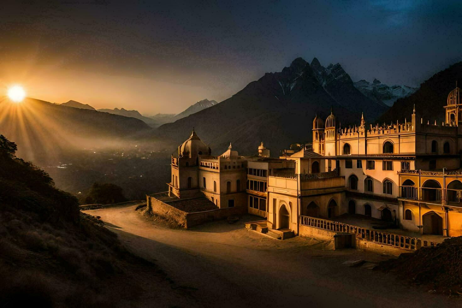 the sun sets over a castle in the mountains. AI-Generated photo