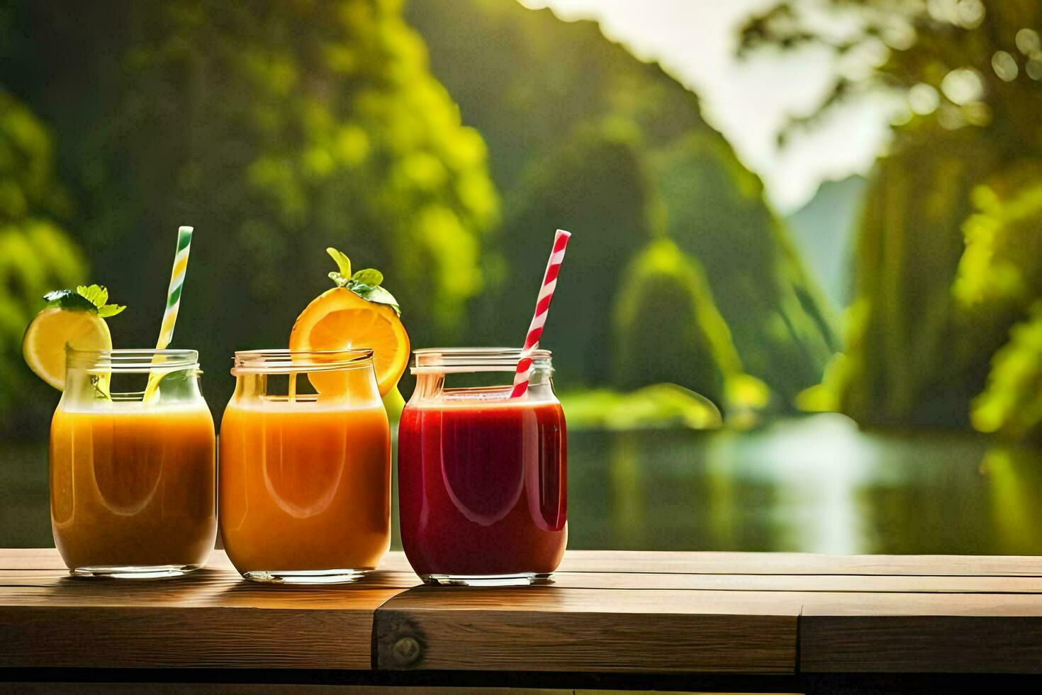 three glasses of juice on a table in front of a lake. AI-Generated photo