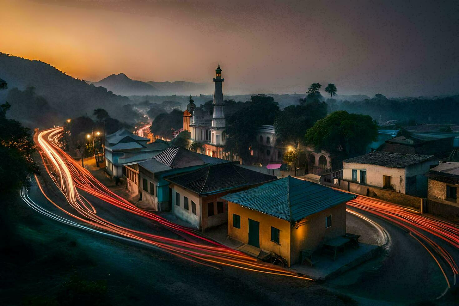 a town at dusk with light trails of cars. AI-Generated photo