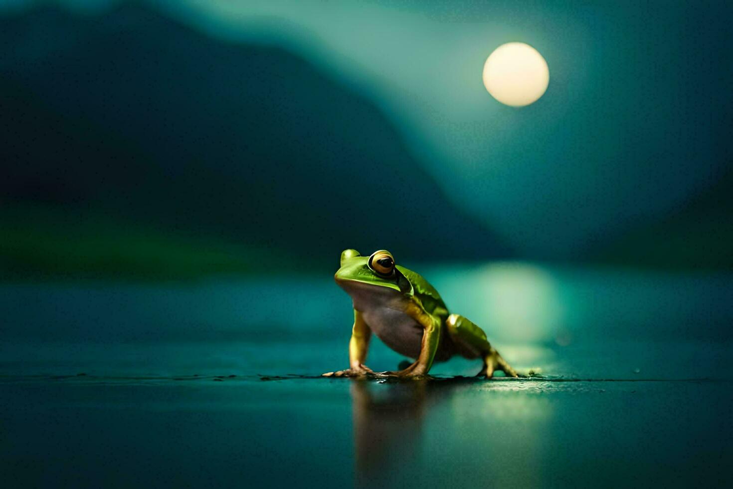 a frog sitting on the ground in front of a full moon. AI-Generated photo