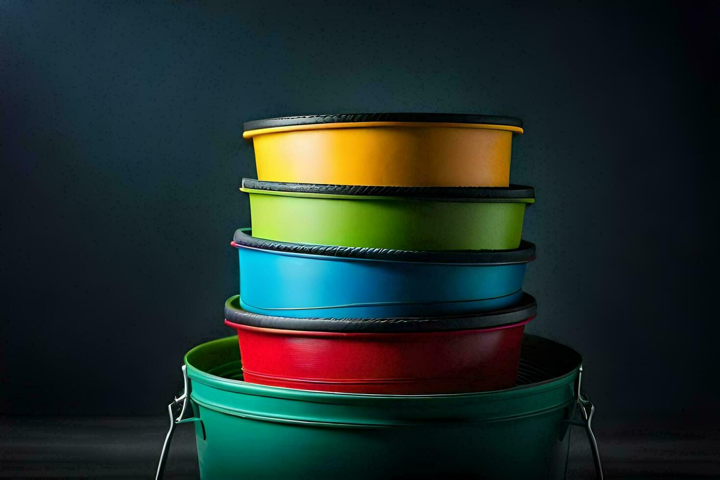 a stack of colorful buckets on a dark background. AI-Generated photo