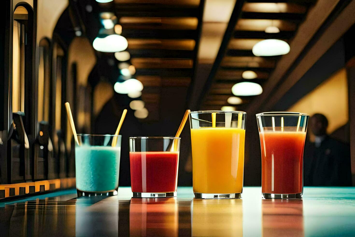 five different colored juices are lined up on a table. AI-Generated photo