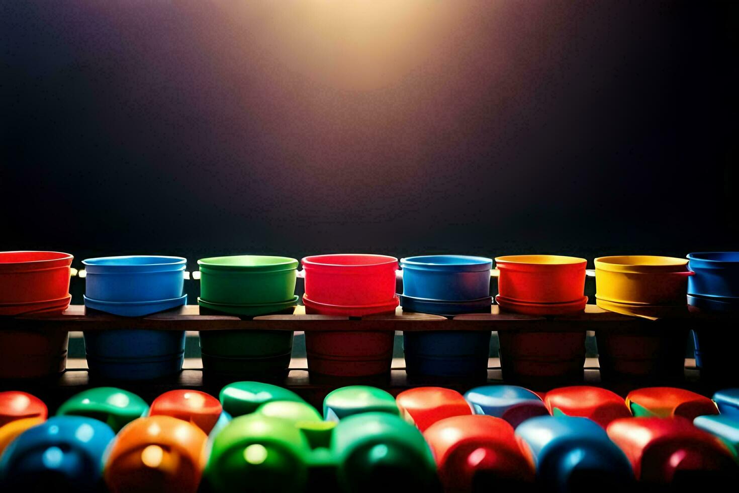 colorful plastic buckets on a wooden table. AI-Generated photo