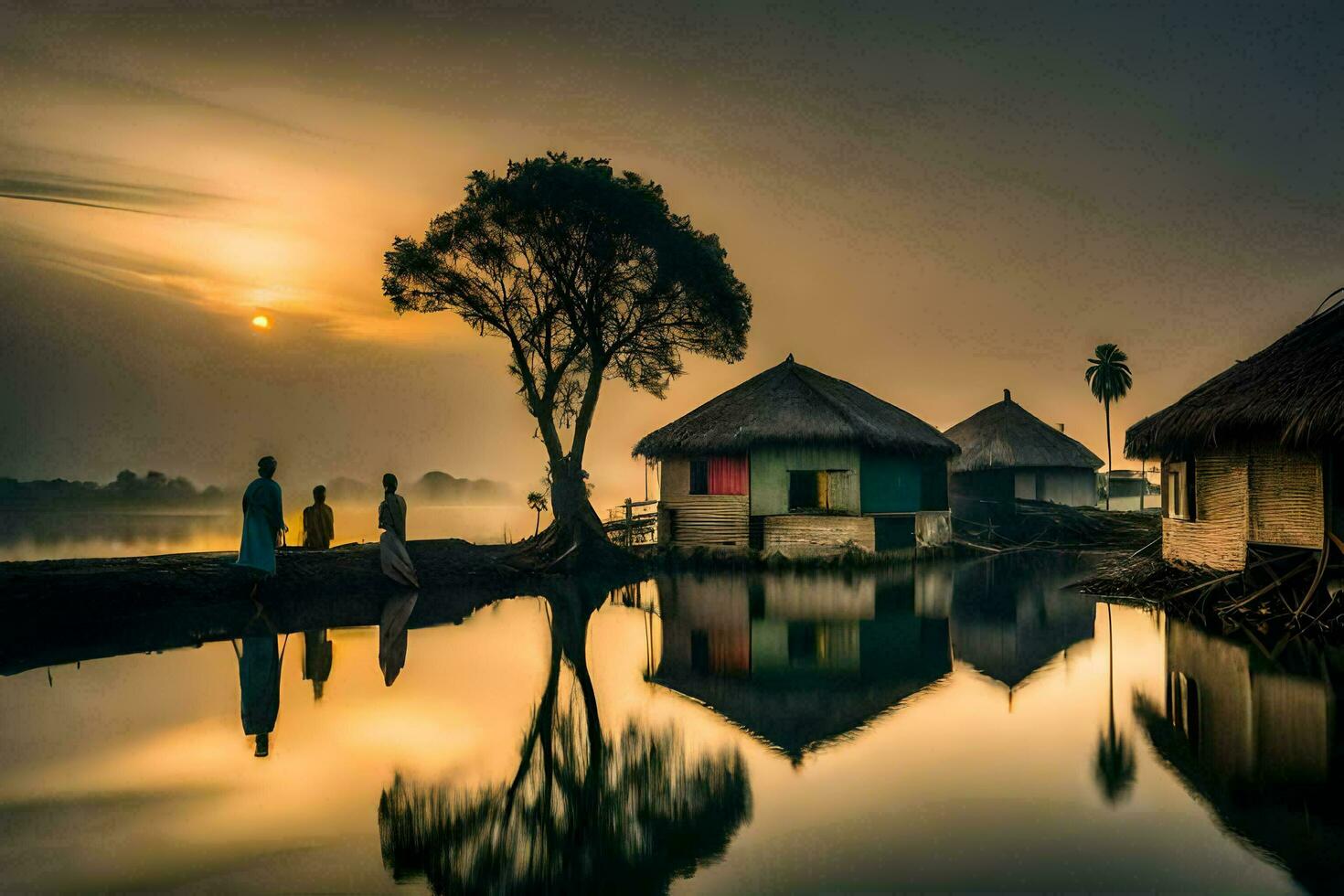 the sun rises over a lake with huts and trees. AI-Generated photo