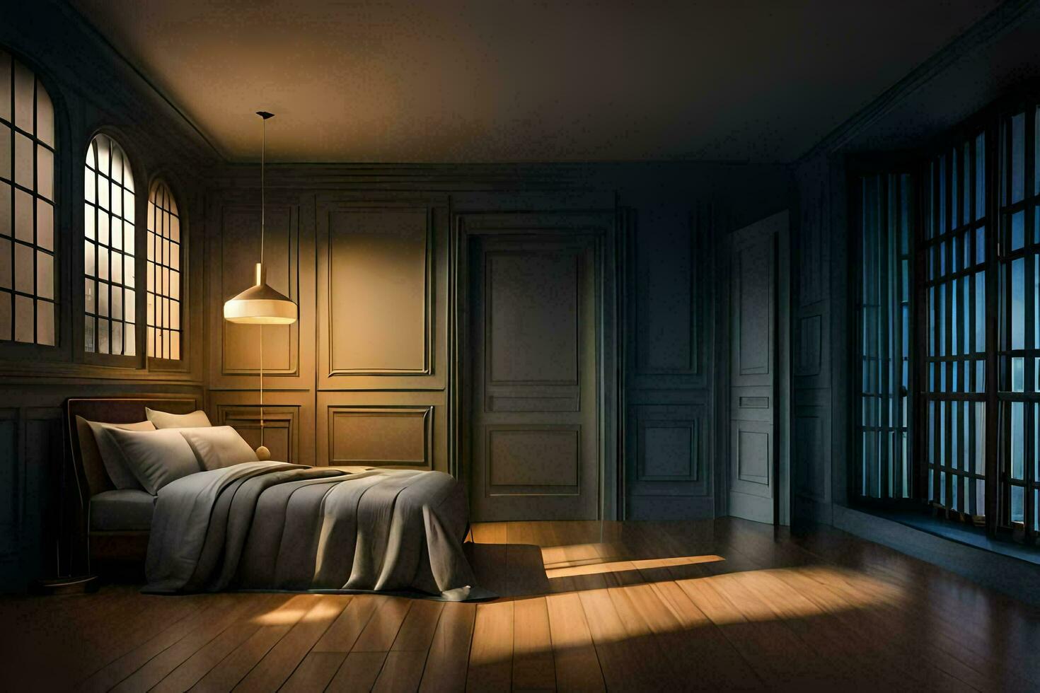 a bedroom with a bed and a window. AI-Generated photo