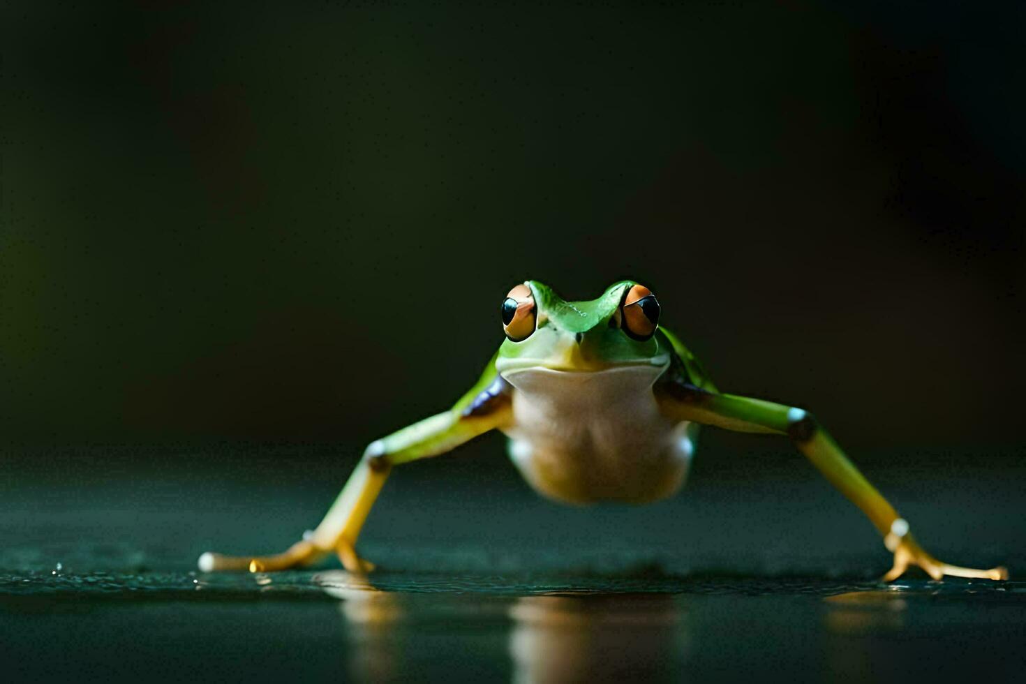 a frog is standing on a dark surface. AI-Generated photo