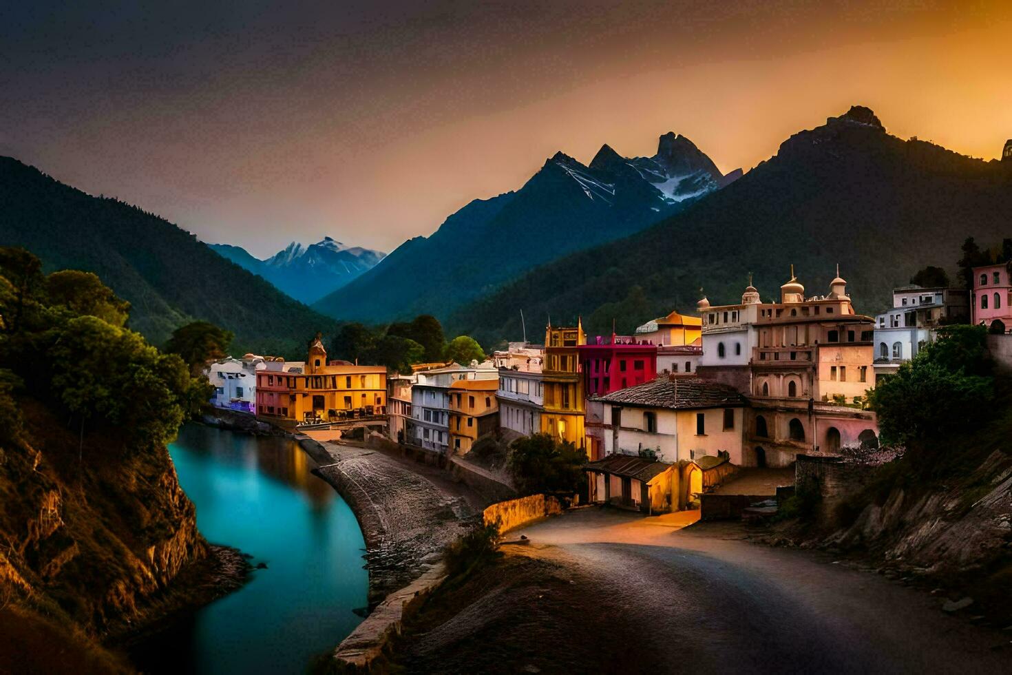 el Dom conjuntos terminado un río en un aldea. generado por ai foto