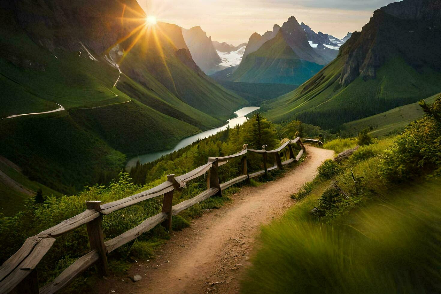 the sun rises over a mountain valley with a wooden path. AI-Generated photo