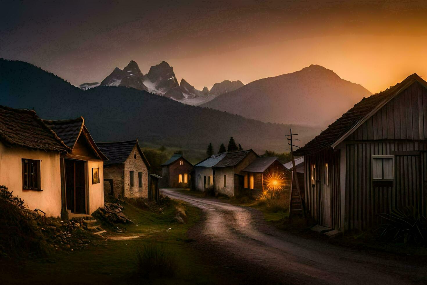 a village at sunset with mountains in the background. AI-Generated photo