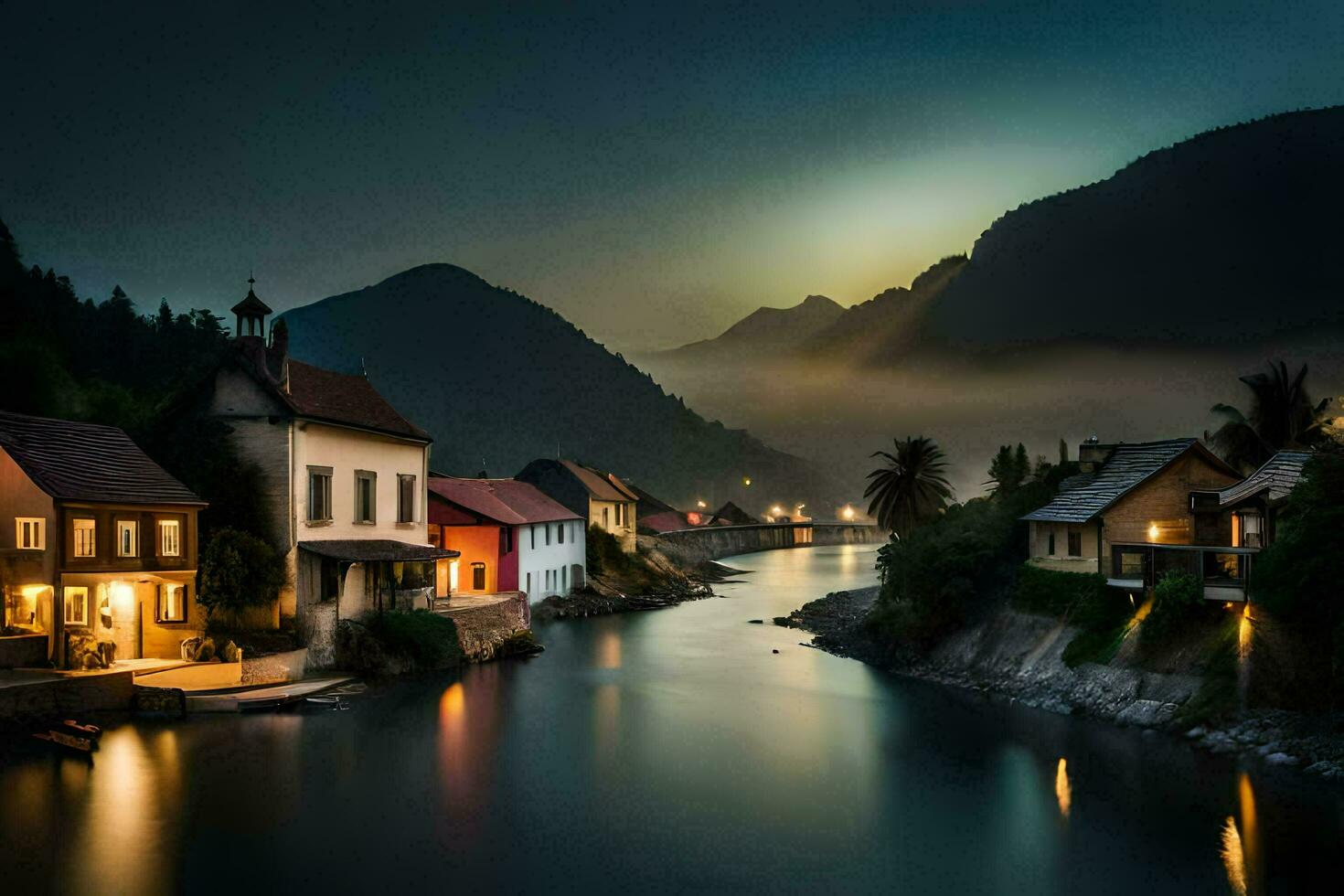 photo wallpaper the sky, water, mountains, houses, river, night, slovenia. AI-Generated