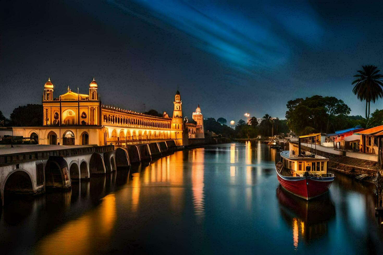 the night view of the mosque and the river. AI-Generated photo