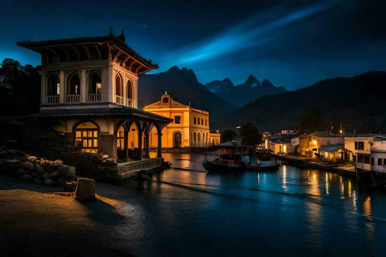 a boat sits in the water at night with mountains in the background. AI-Generated photo