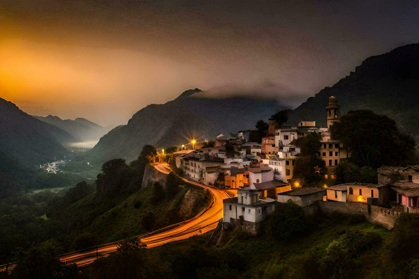 foto fondo de pantalla el cielo, montañas, camino, aldea, atardecer, camino, camino, camino,. generado por ai