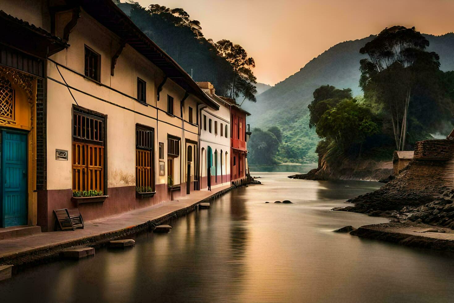 un río carreras mediante un pueblo a puesta de sol. generado por ai foto