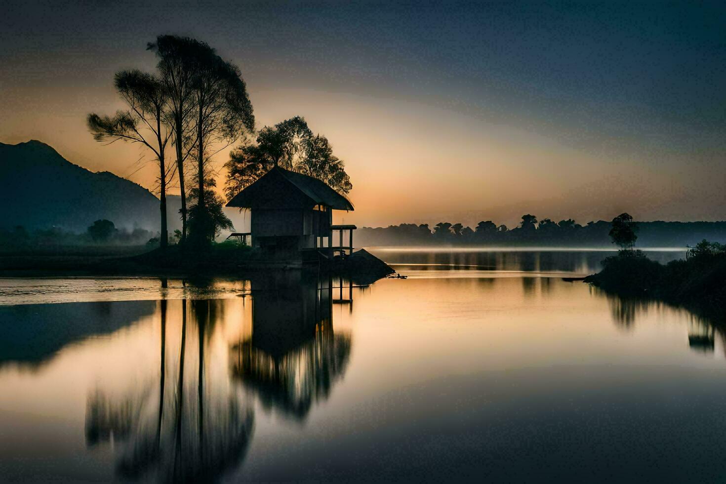 un pequeño casa se sienta en el borde de un lago a puesta de sol. generado por ai foto