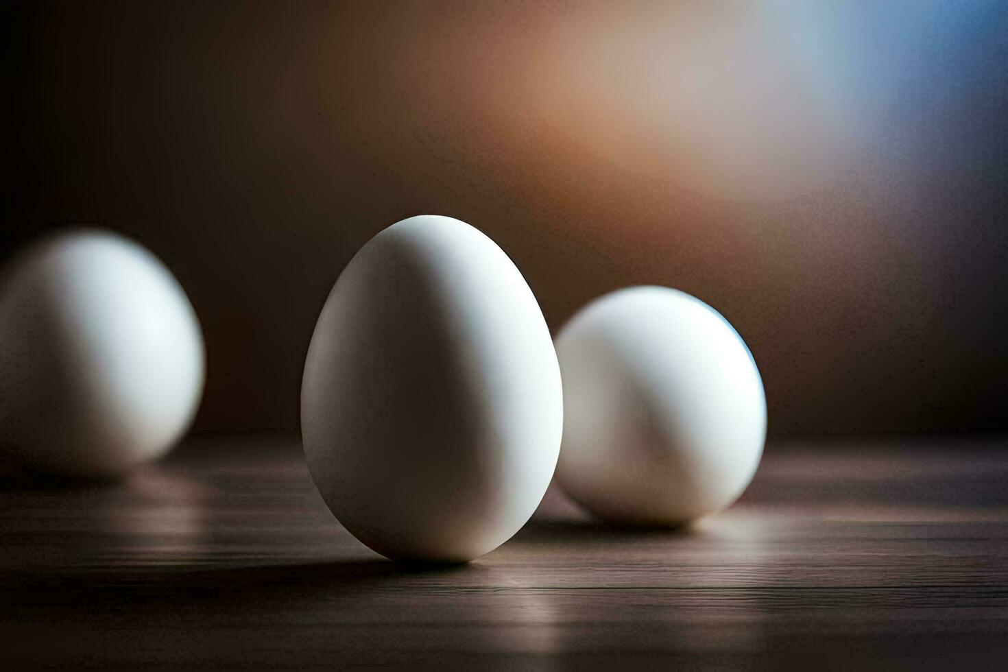 three white eggs on a wooden table. AI-Generated photo