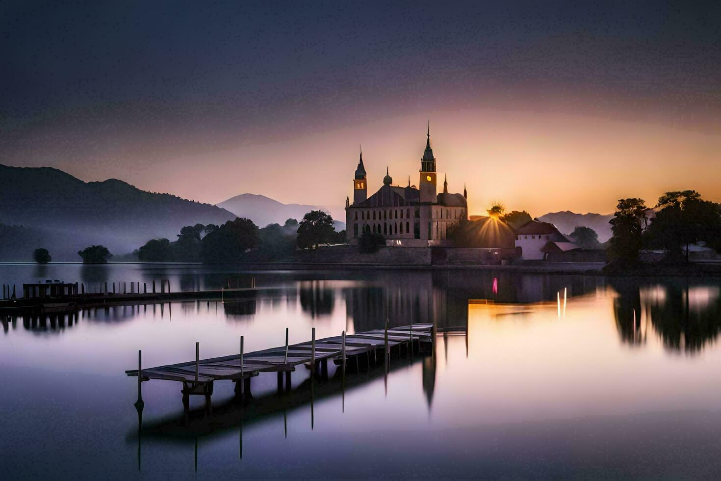 photo wallpaper lake, the sky, the sun, the lake, the church, the church,. AI-Generated