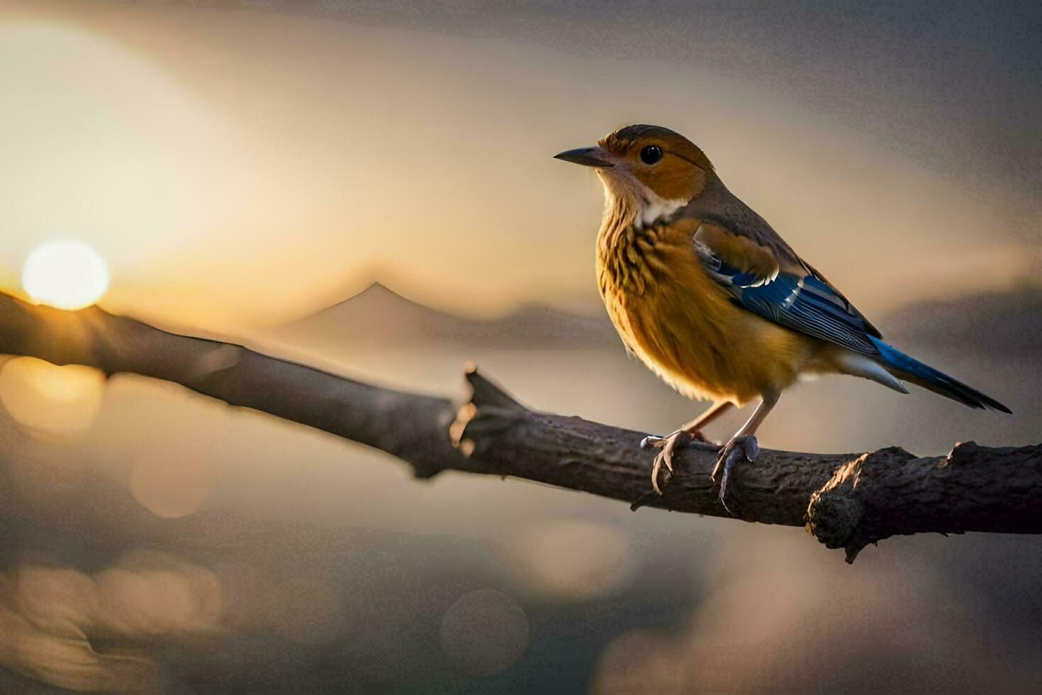 a bird sits on a branch in front of the sun. AI-Generated photo